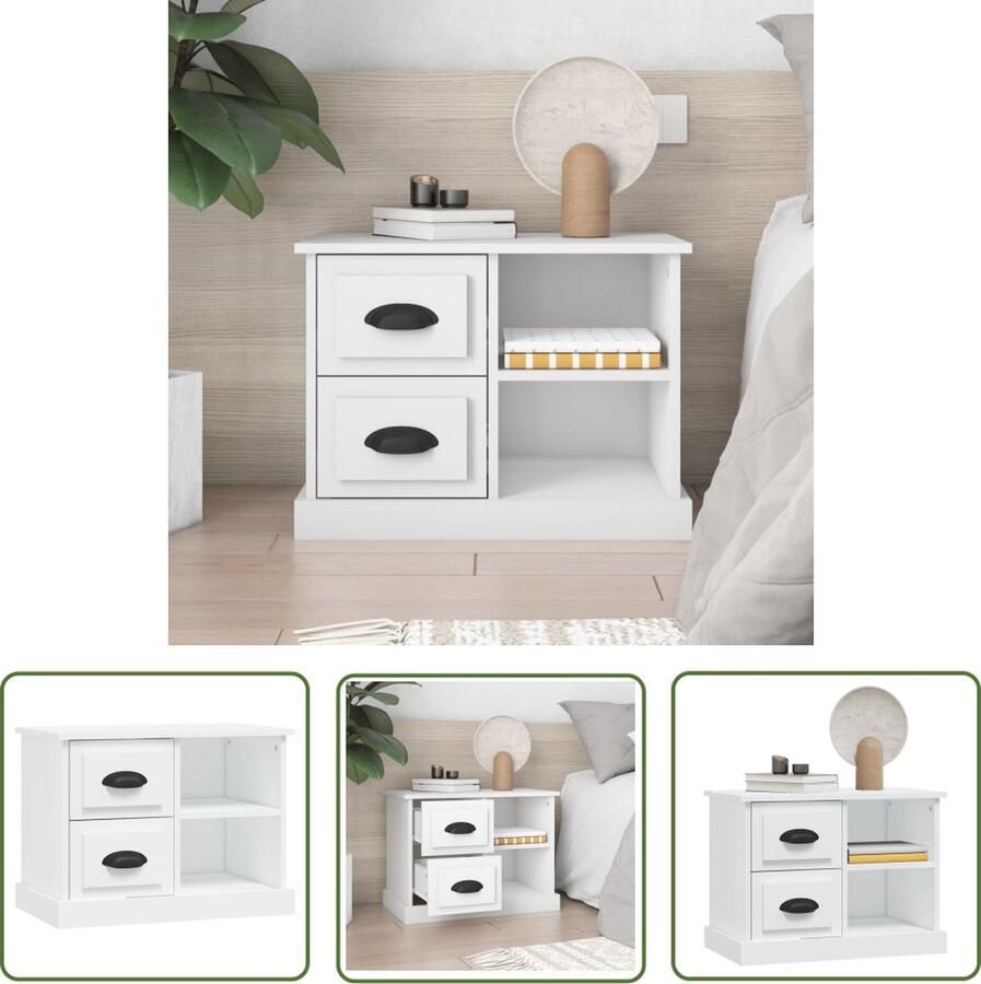 The Living Store Nachtkastje Bewerkt Hout Wit 60 x 35.5 x 45 cm Nachtkastje Kastje Houten Kast Meubilair Slaapkamer Nachtlampje - Foto 2