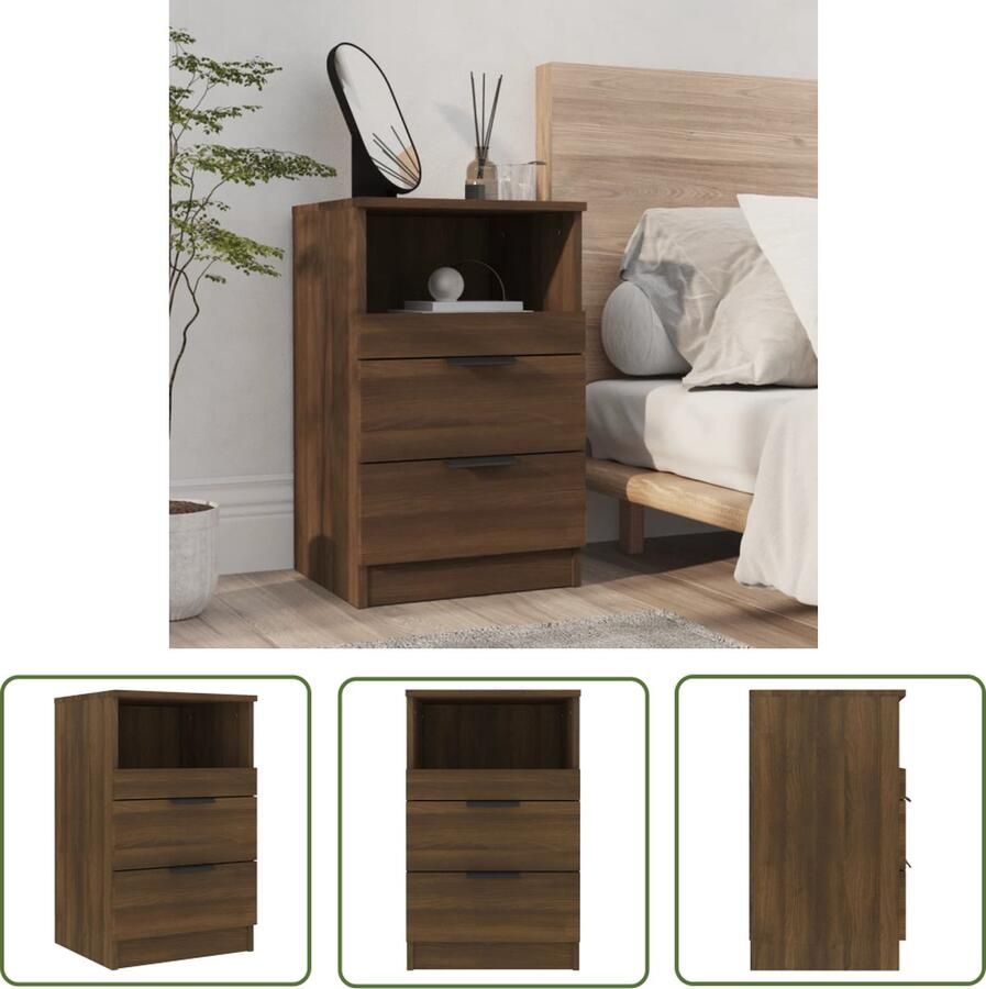 The Living Store Nachtkastje Bruineiken naam Houten Nachtkastje met 2 lades en 1 vak 40x36x65cm Nachtkastje Kastje Slaapkamermeubel Houten Meubel Bruine Eiken - Foto 2