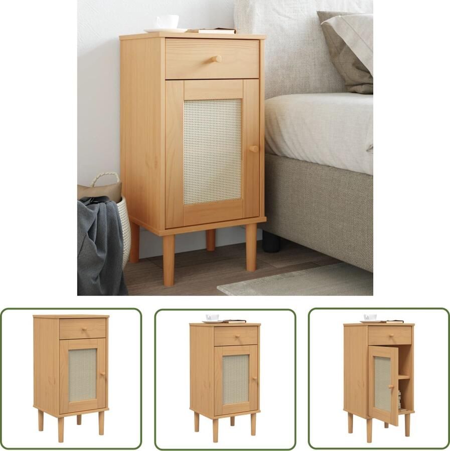 The Living Store SENJA Nachtkastje Bruin 40 x 35 x 80 cm Massief grenenhout UV-vernis Met lade en deur Nachtkastje Kastje Salontafel Kamerdecoratie Wooden Furniture