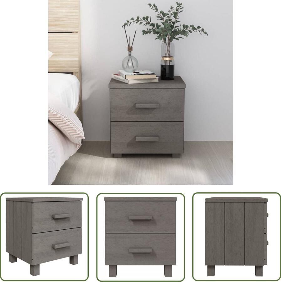 The Living Store HAMAR Nachtkastje Massief grenenhout 40 x 35 x 44.5 cm Lichtgrijs 2 lades Nachtkastje Kastje Sidetable Slaapkamers Meubilair