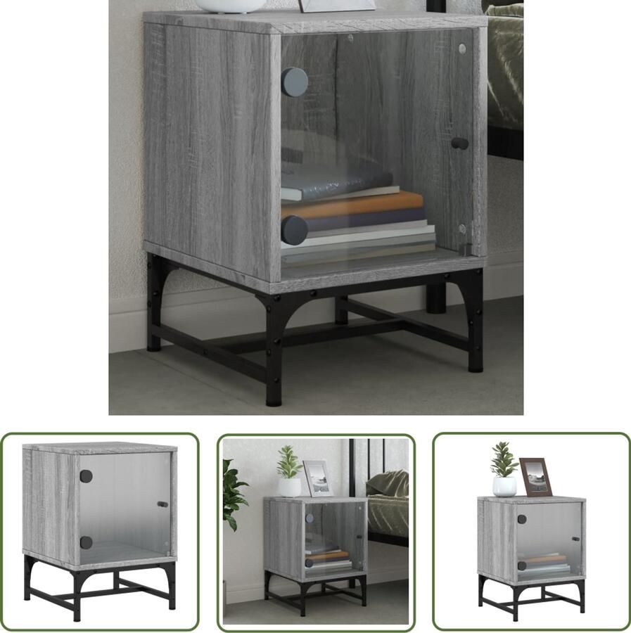 The Living Store Nachtkastje met glazen deur 35x37x50 cm grijs sonoma eikenkleur Nachtkastje Kastje Slaapkamerserie Grijze Meubels Houten Meubel - Foto 2