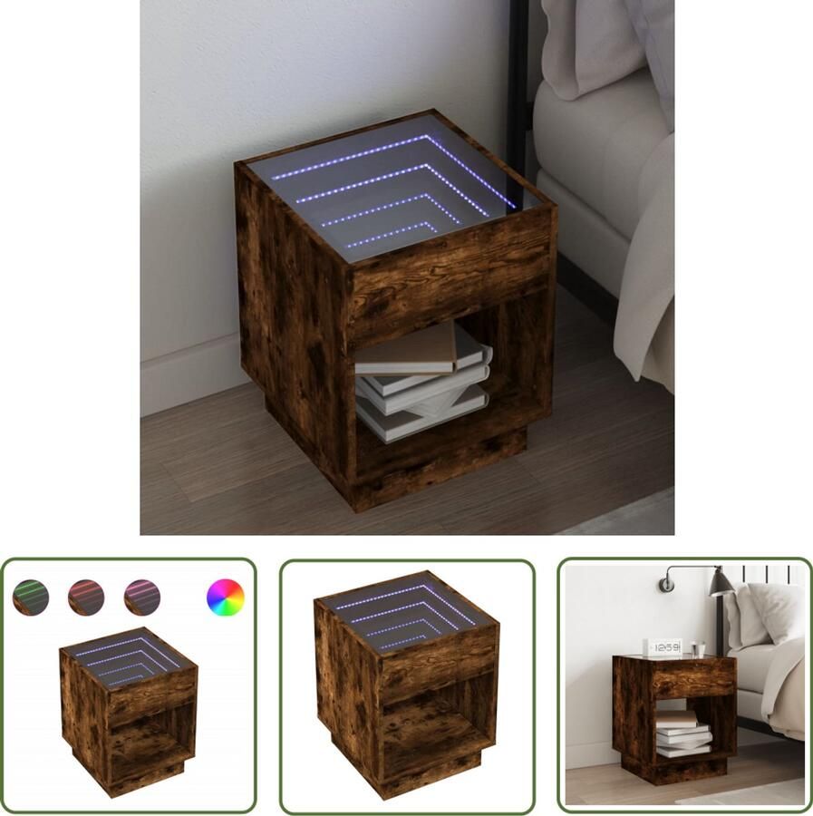 VidaXL Nachtkastje met Infinity LED 40x40x50 cm gerookt eikenkleurig Nachtkastje Kastje Led Verlichting Nachtlamp Slaapkamersfeer