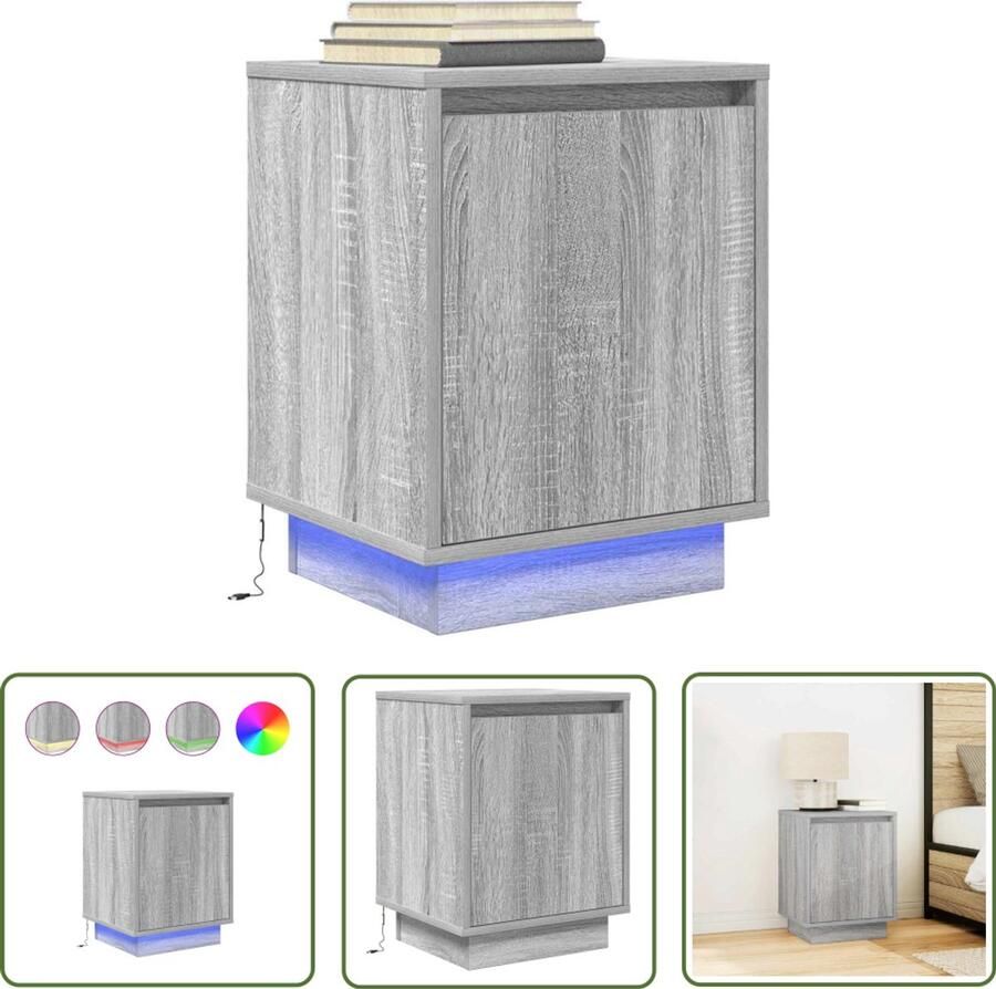 The Living Store Nachtkastje met LED-verlichting 38x34x50 cm grijs sonoma Nachtkastje Kastje Led Verlichting Slaapkamers Houten Meubilair