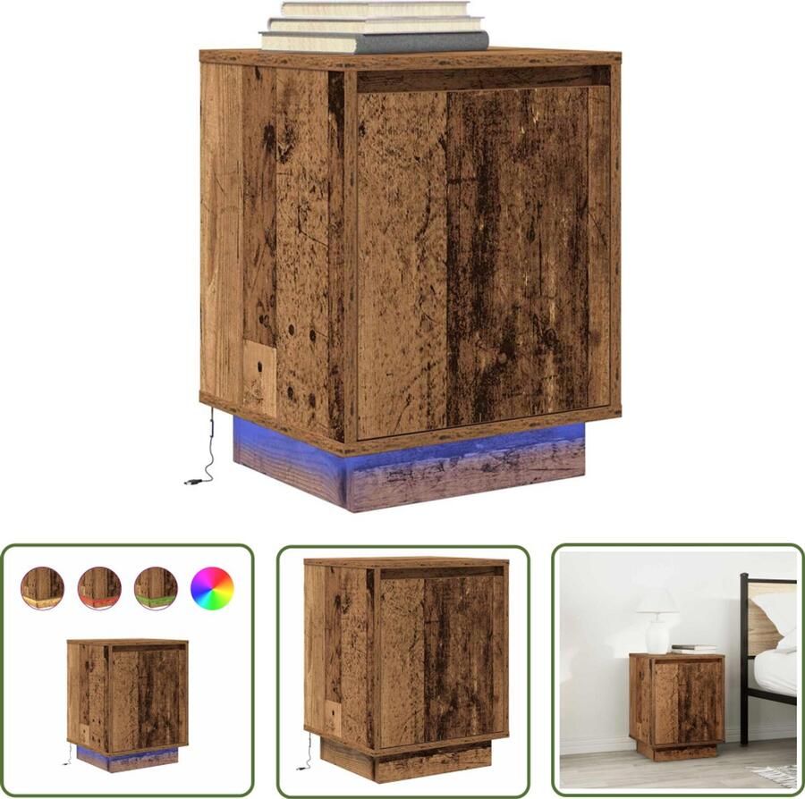 The Living Store Nachtkastje met LED-verlichting 38x34x50 cm oud hout Nachtkastje Kastje Led Verlichting Houten Kast Bedroom Furniture