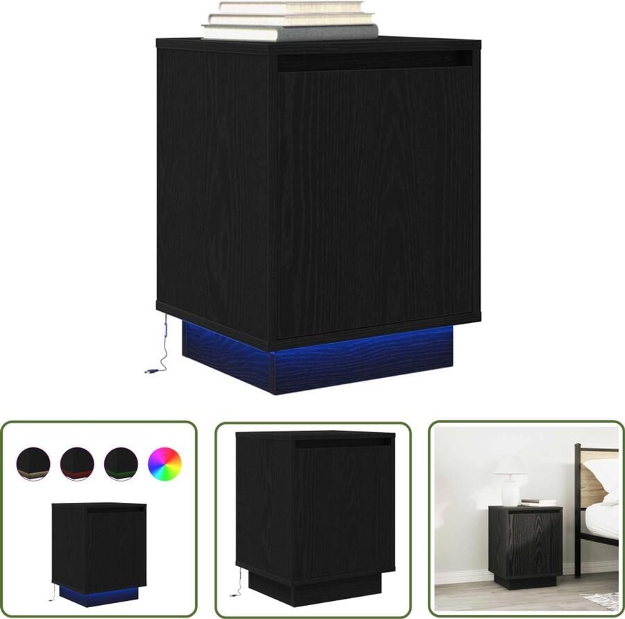 The Living Store Nachtkastje met LED-verlichting 38x34x50 cm zwart Nachtkastje Kastje Led Verlichting Slaapkamer Houten Meubilair