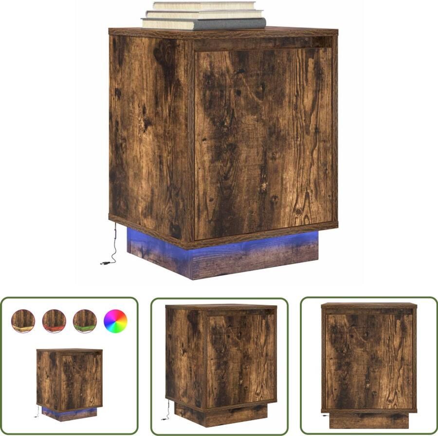 The Living Store Nachtkastje met LED-verlichting 38x34x50cm gerookt eikenkleurig Nachtkastje Kastje Led Lamp Slaapkamers Houten Meubilair