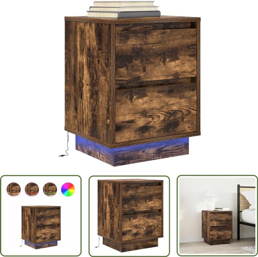 The Living Store Nachtkastje met LED-verlichting 38x34x50cm gerookt eikenkleurig Nachtkastje Kastje Led Verlichting Slaapkamers Houten Meubilair