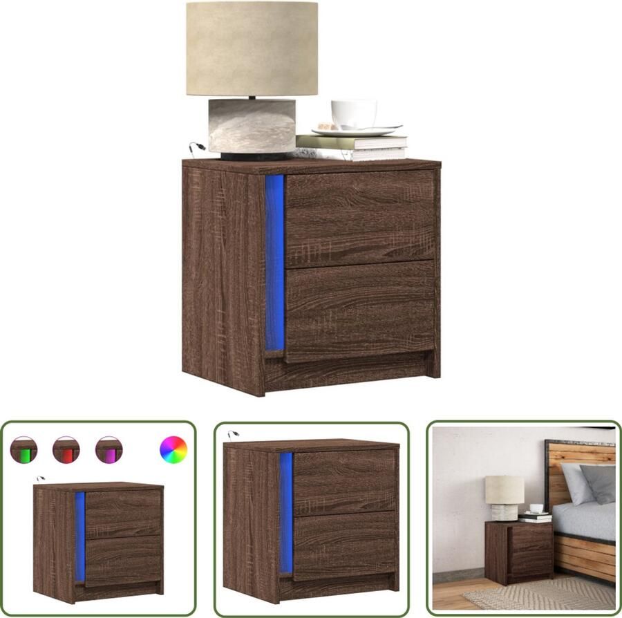 VidaXL Nachtkastje met LED-verlichting bewerkt hout bruin eikenkleur Nachtkastje Kastje Led Verlichting Houten Nachtkastje Bruine Eiken Kleur