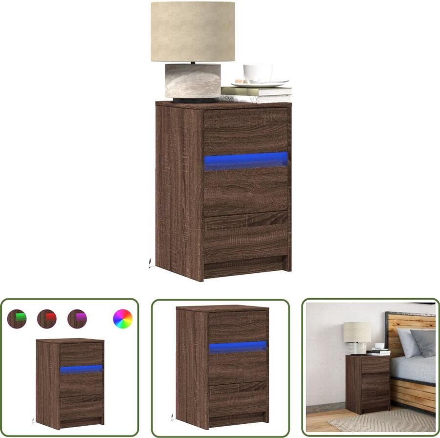 VidaXL Nachtkastje met LED-verlichting bewerkt hout bruin eikenkleur Nachtkastje Kastje Led Verlichting Houten Nachtkastje Bruine Eiken Kleur - Foto 2