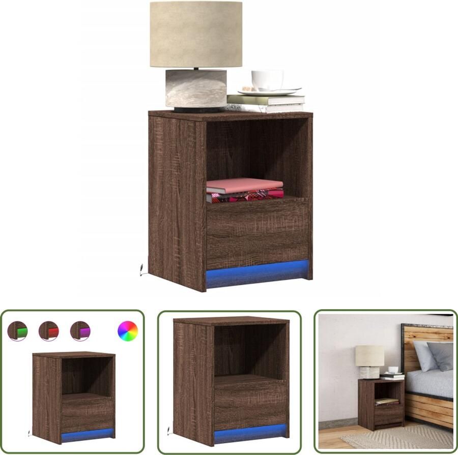 VidaXL Nachtkastje met LED-verlichting bewerkt hout bruin eikenkleur Nachtkastje Kastje Led Verlichting Houten Nachtkastje Bruin Eiken