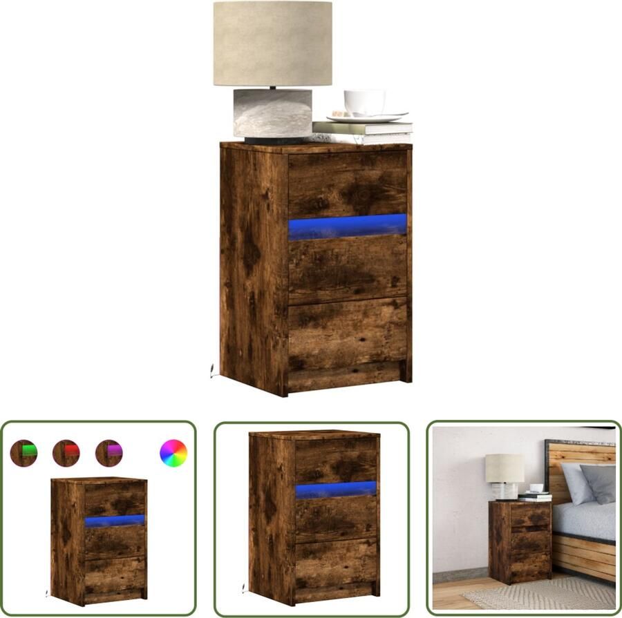 VidaXL nachtkastje met LED-verlichting bewerkt hout gerookt eikenkleur Nachtkastje Kastje Led Verlichting Houten Nachtkastje Rookt Eiken Kleur