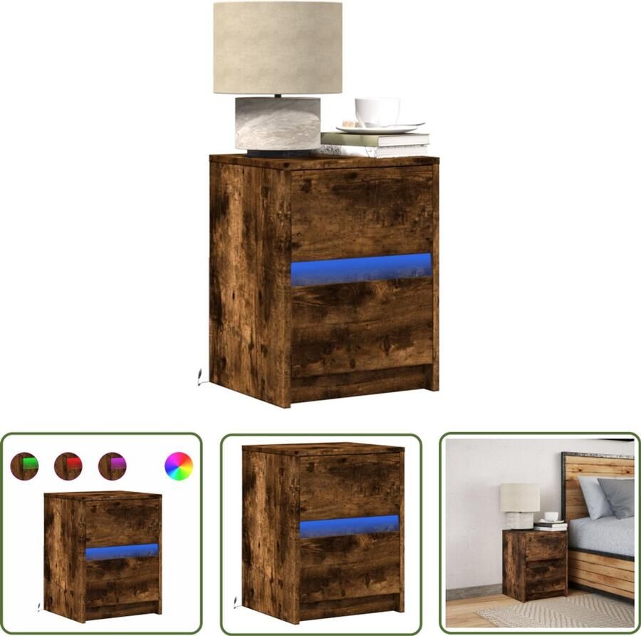 VidaXL nachtkastje met LED-verlichting bewerkt hout gerookt eikenkleur Nachtkastje Kastje Led Verlichting Houten Nachtkastje Rokerd Eiken
