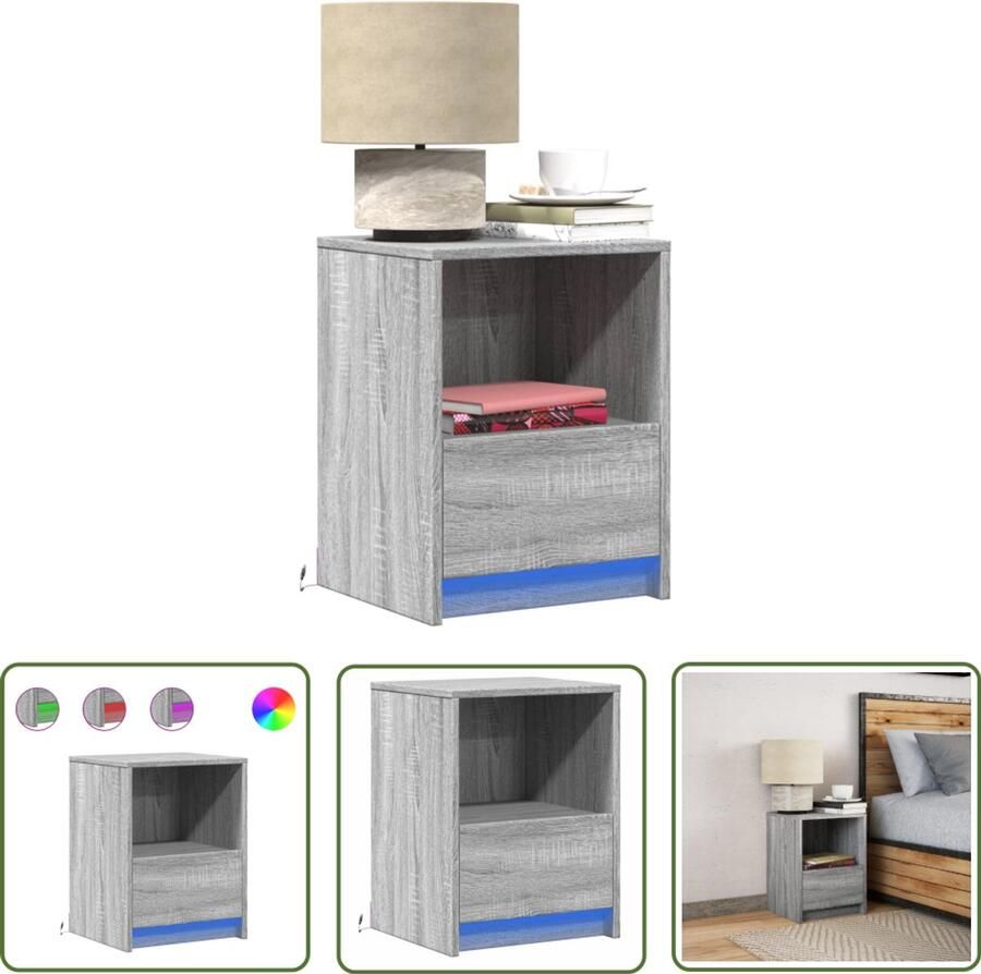 VidaXL Nachtkastje met LED-verlichting bewerkt hout grijs sonoma Nachtkastje Kastje Led Verlichting Grijze Nachttafel Houten Nachtkastje