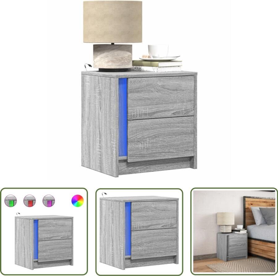 VidaXL Nachtkastje met LED-verlichting bewerkt hout grijs sonoma Nachtkastje Kastje Led Verlichting Grijze Nachttafel Houten Nachtkastje
