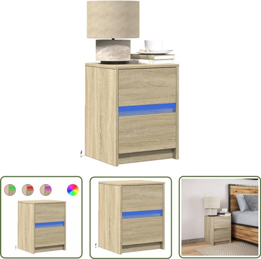 VidaXL Nachtkastje met LED-verlichting bewerkt hout sonoma eikenkleur Nachtkastje Kastje Led Lamp Nachtlamp Houten Meubel