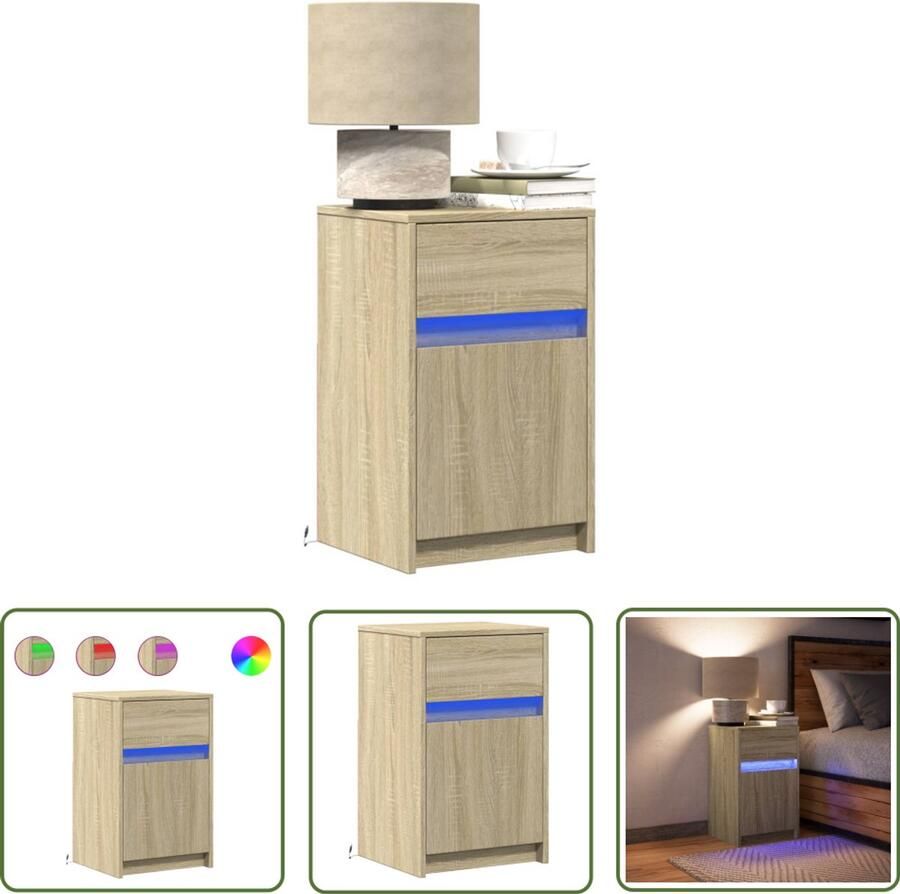 VidaXL Nachtkastje met LED-verlichting bewerkt hout sonoma eikenkleur Nachtkastje Kastje Led Verlichting Nachtlamp Houten Kast