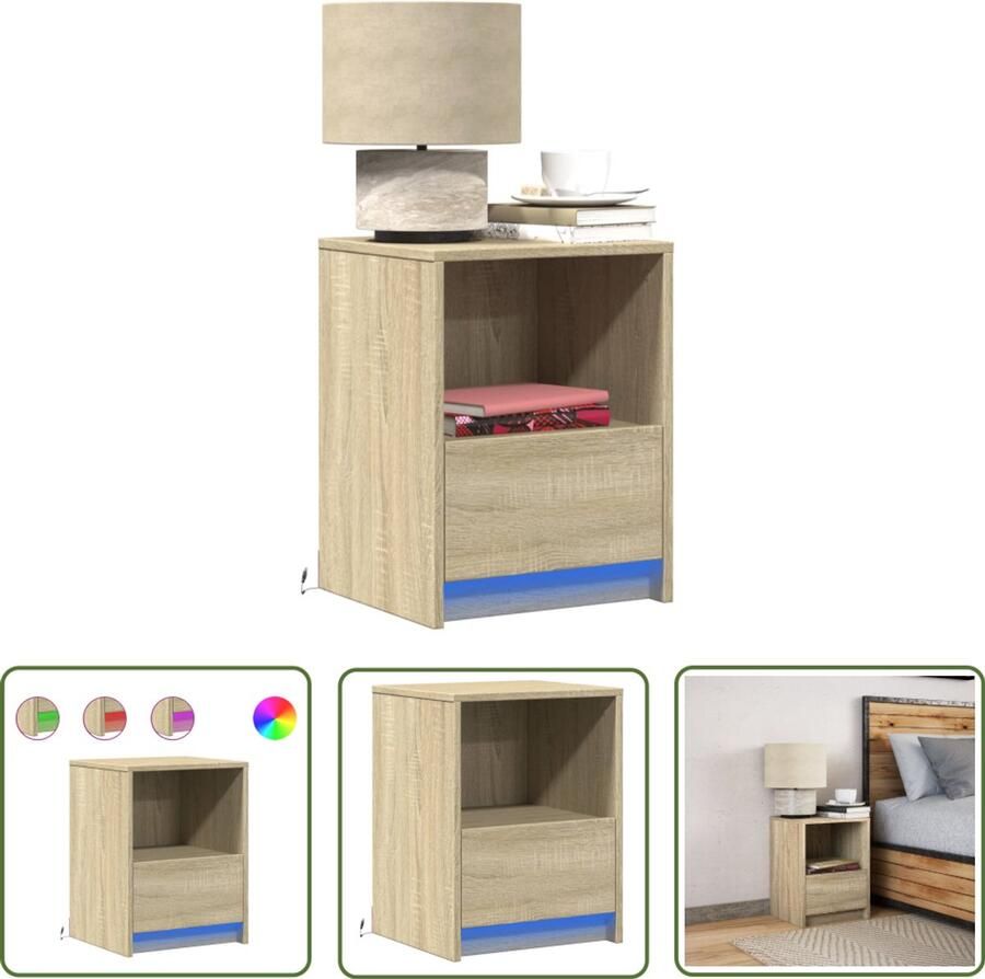 VidaXL Nachtkastje met LED-verlichting bewerkt hout sonoma eikenkleur Nachtkastje Kastje Led Verlichting Nachtlamp Houten Meubel