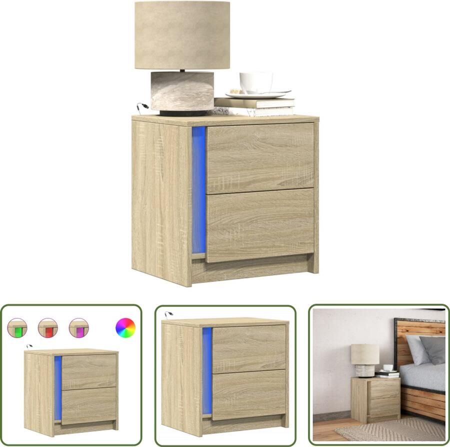 VidaXL Kastje Nachtkastje met LED-verlichting bewerkt hout sonoma eikenkleur Led Verlichting Sonoma Eiken Houten Kast