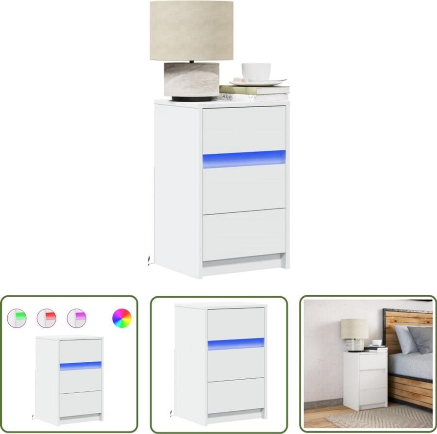 VidaXL Nachtkastje met LED-verlichting bewerkt hout wit Nachtkastje Kastje Led Verlichting Houten Kast Nachtlamp