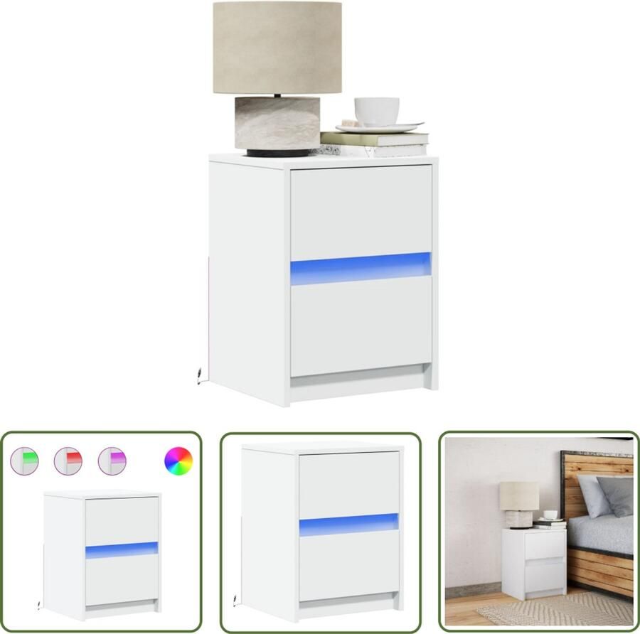 VidaXL Nachtkastje met LED-verlichting bewerkt hout wit Nachtkastje Kastje Led Verlichting Houten Nachtkastje Nachtlampje