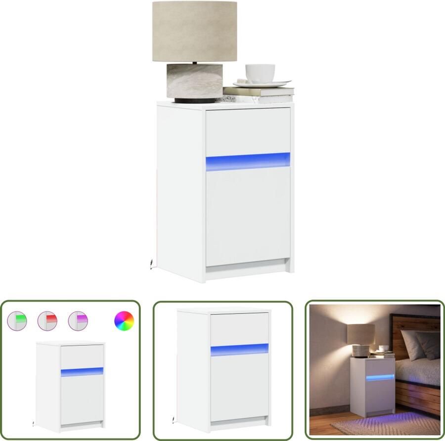 VidaXL Nachtkastje met LED-verlichting bewerkt hout wit Nachtkastje Kastje Led Verlichting Houten Nachtkastje Slaapkamer Decoratie
