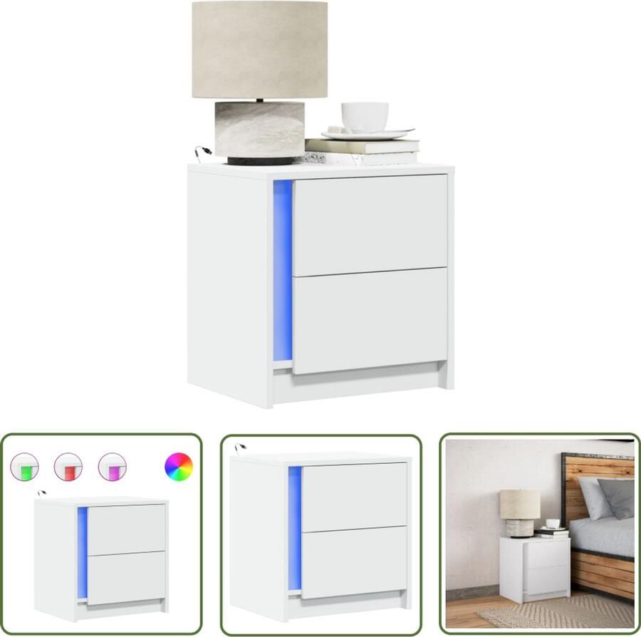 VidaXL Nachtkastje met LED-verlichting bewerkt hout wit Nachtkastje Kastje Led Verlichting Nachtlamp Houten Kast