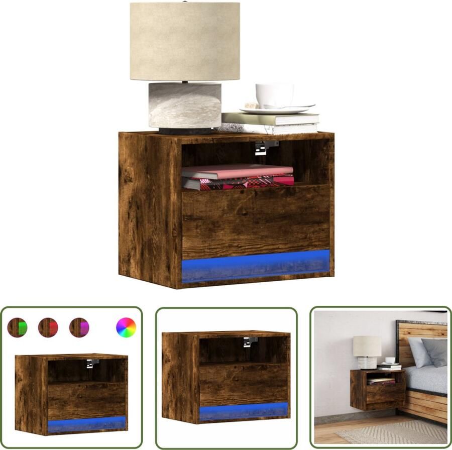 VidaXL Nachtkastje met LED's wandgemonteerd gerookt eikenkleurig Nachtkastje Kastje Led Lamp Wandmontage Slaapkamersdecoratie