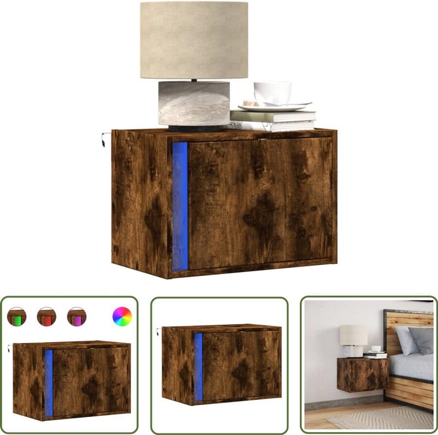 VidaXL Nachtkastje met LED's wandgemonteerd gerookt eikenkleurig Nachtkastje Kastje Led Verlichting Wandmontage Slaapkamerdecoratie