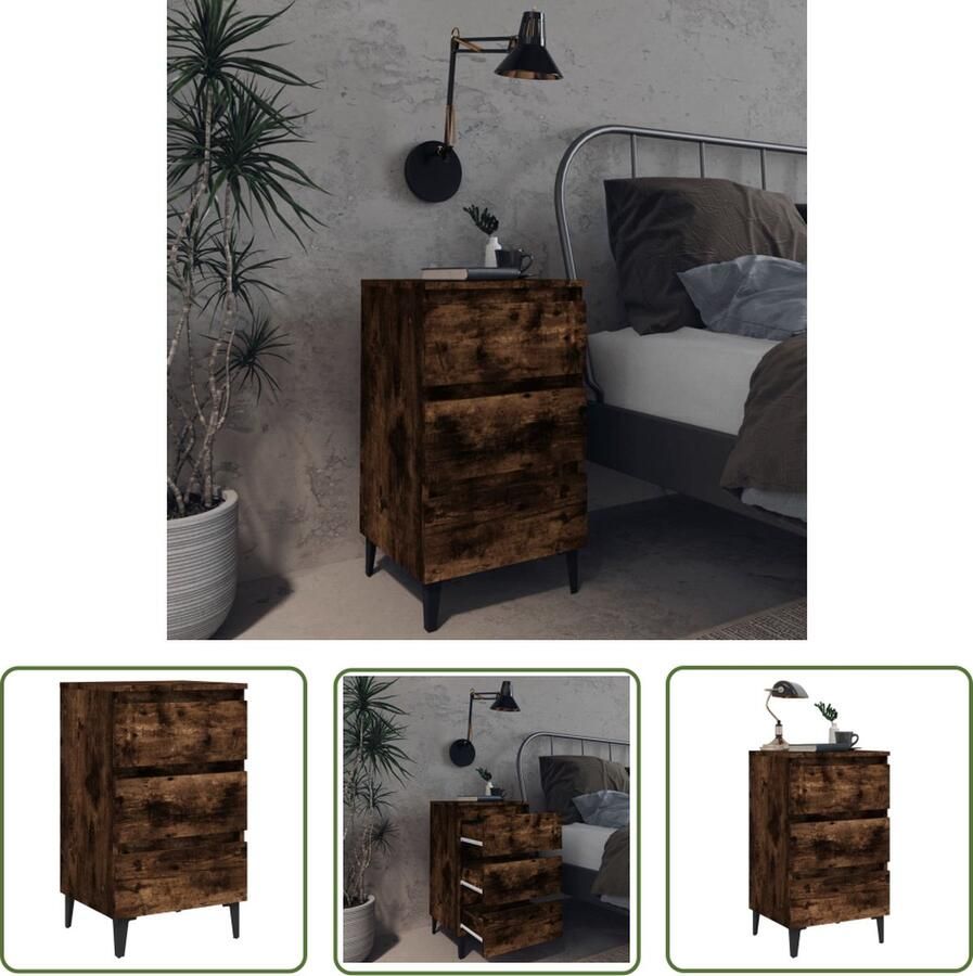 The Living Store Nachtkastje met metalen poten 40x35x69 cm gerookt eikenkleurig Nachtkastje Kastje Nachtlampje Slaapkamerdecoratie Industrieel Design - Foto 2