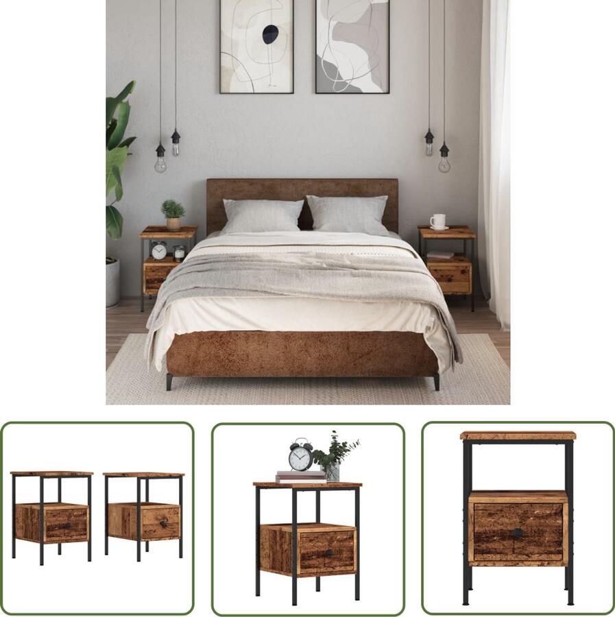 The Living Store Nachtkastjes 2 st 34x36x50 cm bewerkt hout oud houtkleurig Nachtkastje Kastje Houten Nachtlamp Vintage Meubel Slaapkamerdecoratie