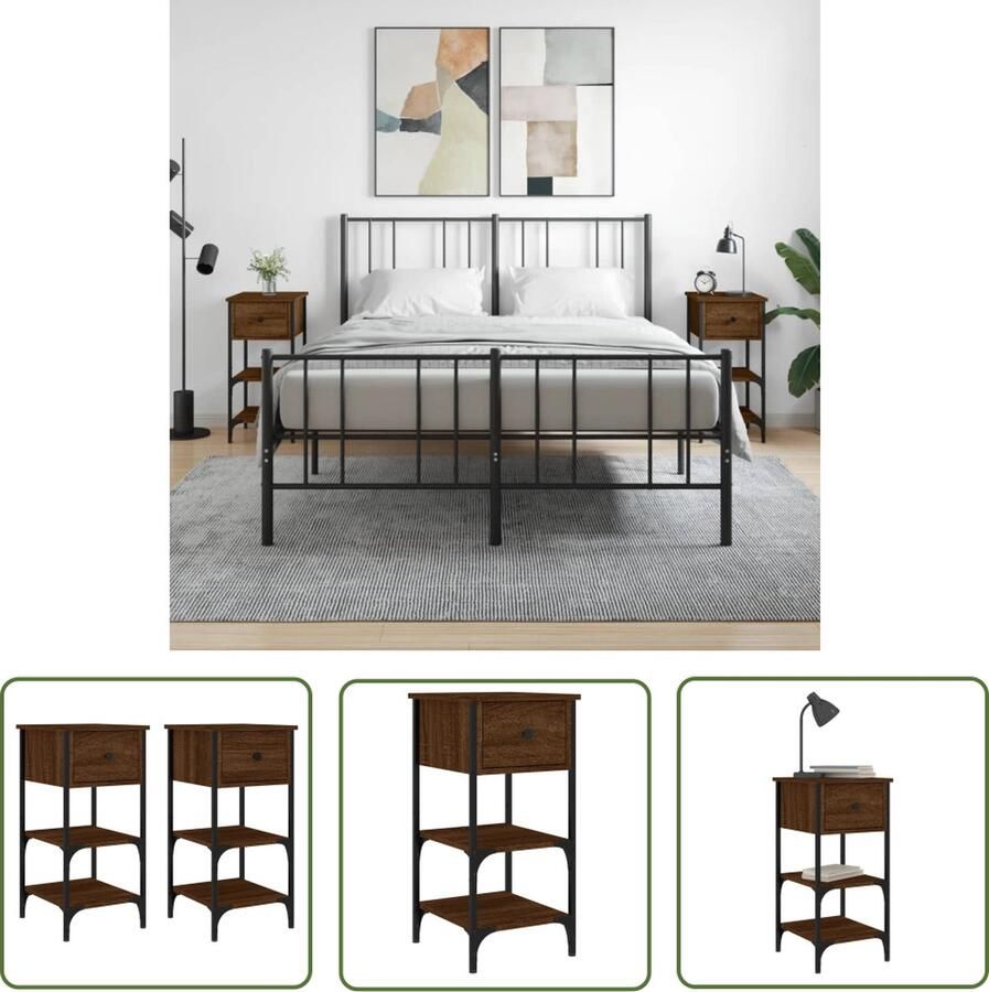 The Living Store Nachtkastje Bruineiken 34 x 36 x 70 cm Duurzaam hout en ijzer Met verstelbare poten Nachtkastje Kastje Bedroom Furniture Houten Kast Bruine Kleur
