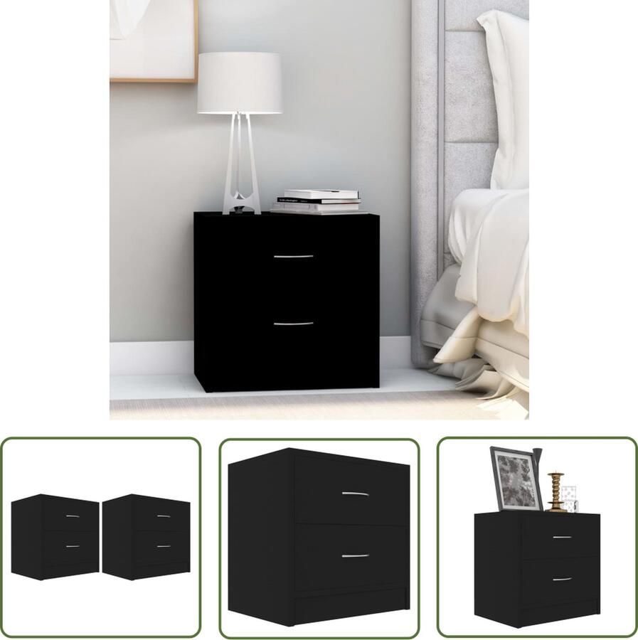 The Living Store Nachtkastje Spaanplaat 40 x 30 x 40 cm Zwart Met 2 Lades Nachtkastje Kastje Bedkastje Slaapkamer Meubilair Houten Meubels - Foto 2