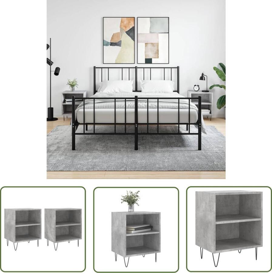 The Living Store Nachtkastje Betongrijs 40 x 30 x 50 cm Bewerkt hout en ijzer Nachtkastje Kastje Slaapkamermeubel Houten Meubel Grijze Meubel - Foto 3