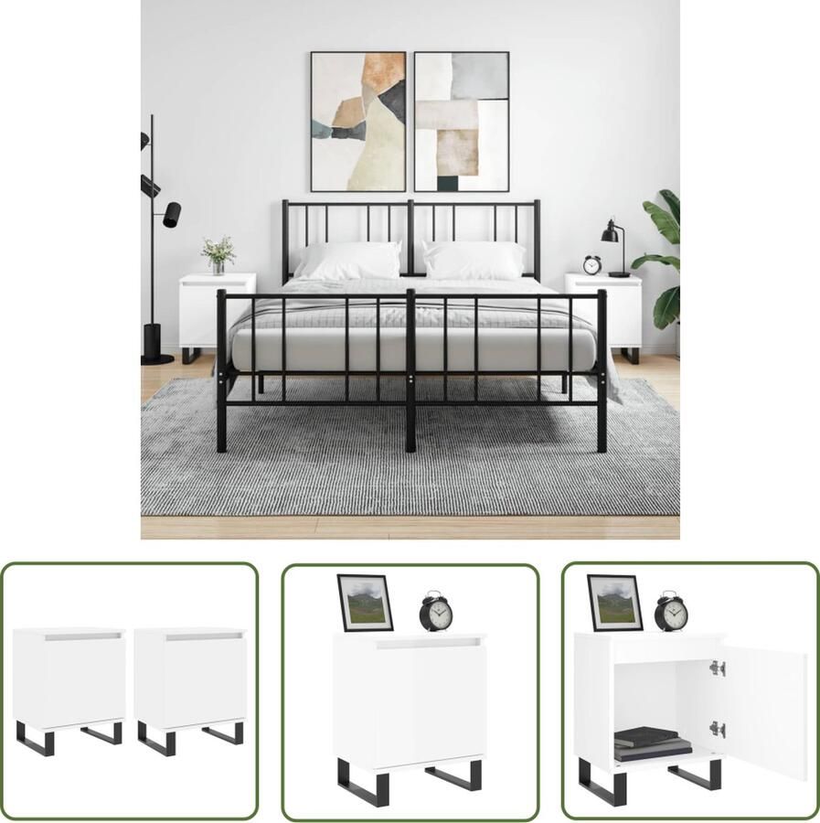 The Living Store Nachtkastje Wit Bewerkt hout en ijzer 40x30x50 cm Stabiel blad Nachtkastje Kastje Slaapkamermeubel Bedsidetable Houten Meubel - Foto 2