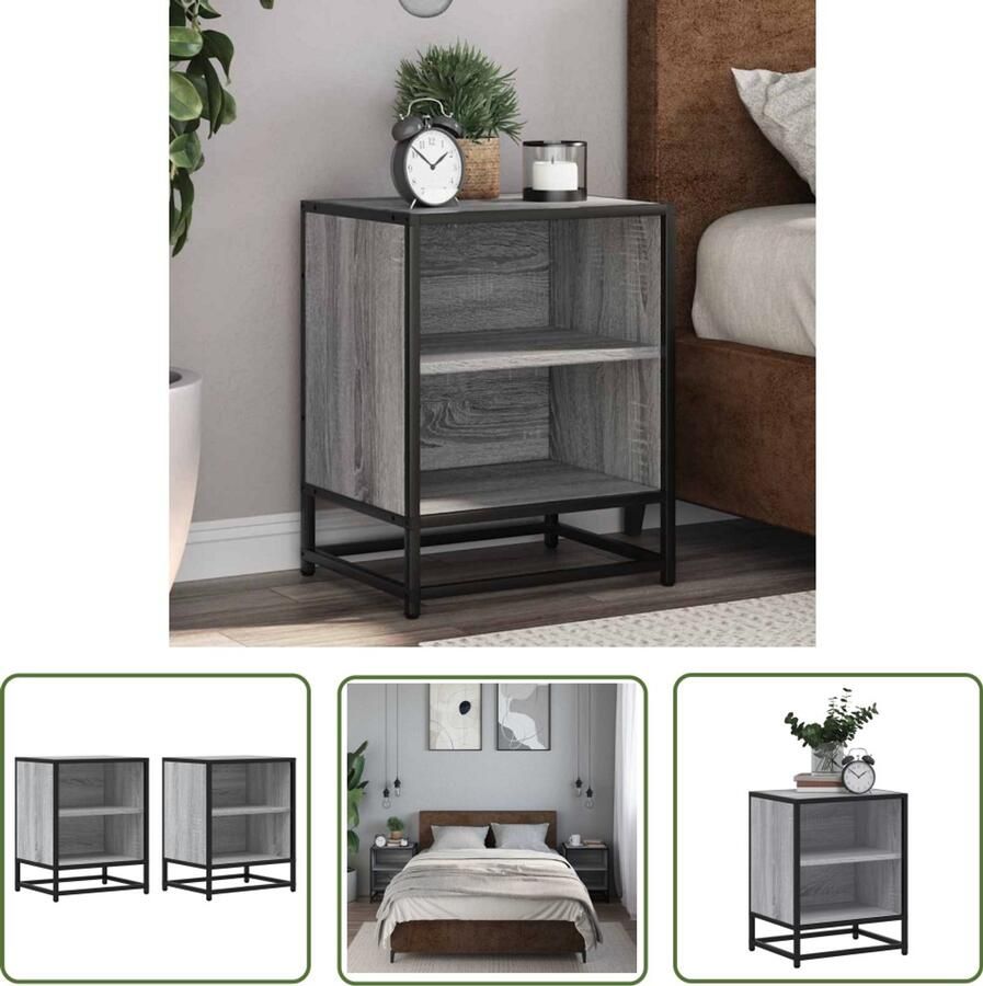 The Living Store Nachtkastjes 2 st 40x31x50 cm bewerkt hout&metaal grijs sonoma Nachtkastje Kastje Slaapkamer Houten Meubilair Grijze Meubels