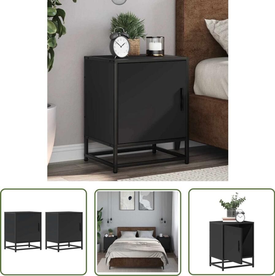 The Living Store Nachtkastjes 2 st 40x31x50 cm bewerkt hout en metaal zwart Nachtkastje Kastje Bedkanten Houten Kast Metalen Kast