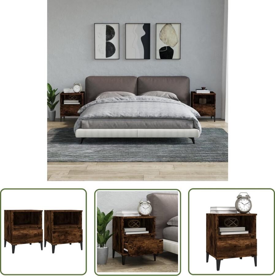 The Living Store Nachtkastje Gerookt Eiken 40 x 35 x 50 cm Duurzaam bewerkt hout en metaal Nachtkastje Kastje Slaapkamer Meubilair Houten Meubel Industrieel Design - Foto 2