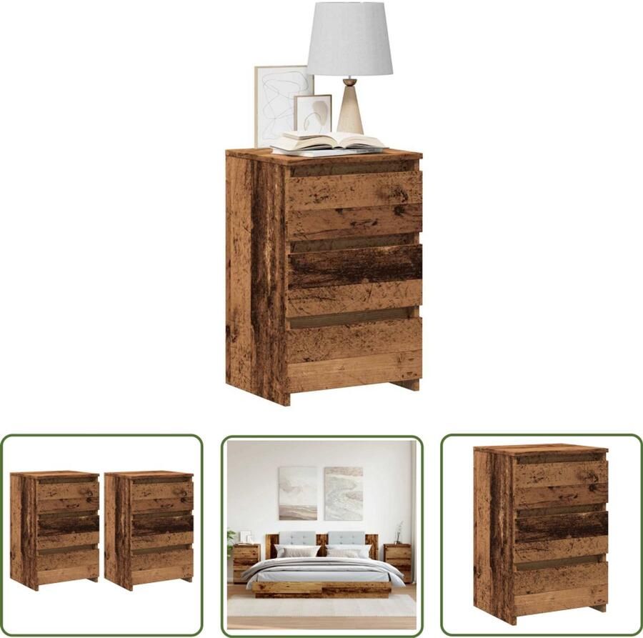 The Living Store Nachtkastjes 2 st 40x35x62 5 cm bewerkt hout oud houtkleurig Nachtkastje Kastje Slaapkamer Houten Meubel Vintage Stijl