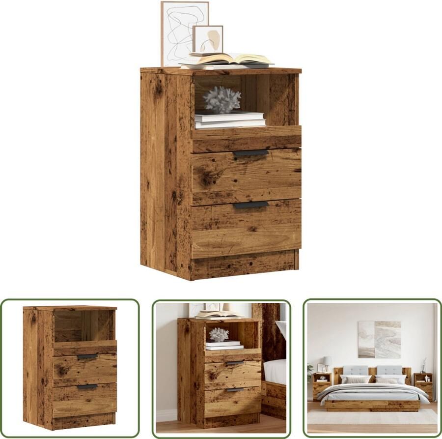 The Living Store Nachtkastjes 2 st 40x36x65 cm bewerkt hout oud houtkleurig Nachtkastje Kastje Bijzettafel Houten Meubel Vintage Stijl