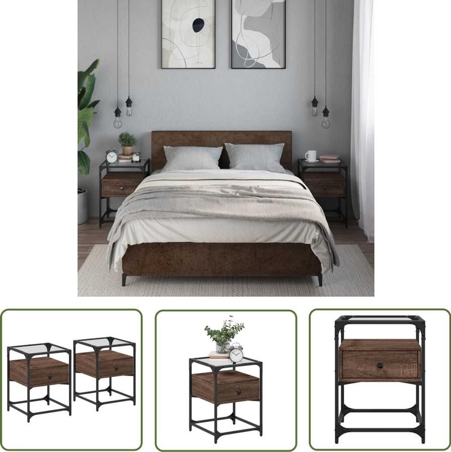 The Living Store Nachtkastjes 2 st 40x40x55 cm bewerkt hout bruin eikenkleurig Nachtkastje Kastje Bedroom Furniture Houten Nachtlamptafel Bruine Eiken Meubilair