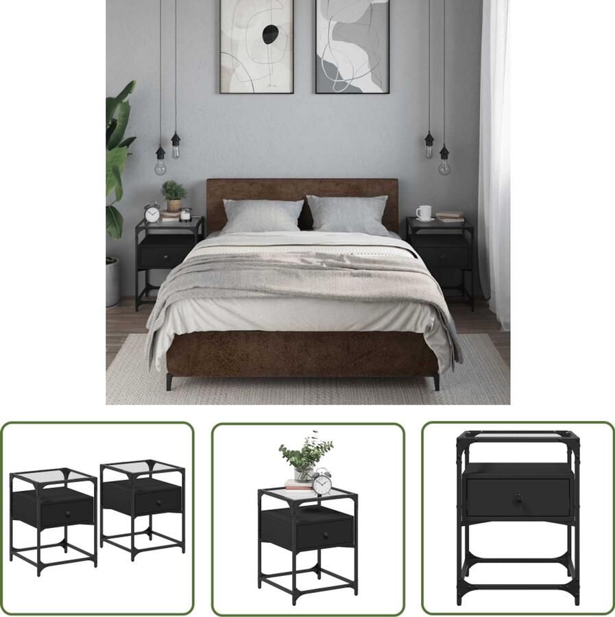 The Living Store Nachtkastjes 2 st 40x40x55 cm bewerkt hout zwart Nachtkastje Kastje Slaapkamermeubilair Houten Meubel Zwart Meubel