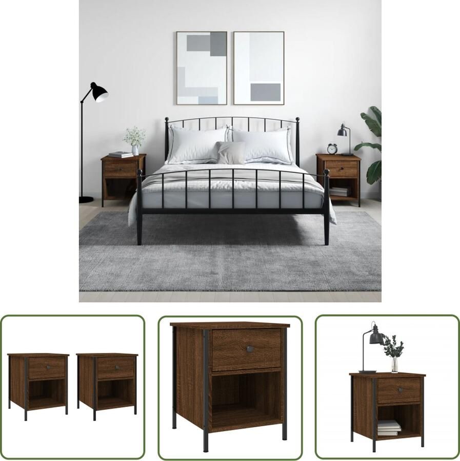 The Living Store Nachtkastje Bruineiken 40 x 42 x 50 cm Duurzaam hout en ijzer met verstelbare poten Nachtkastje Kastje Houten Kast Bruin Meubel Slaapkamersdecoratie - Foto 2