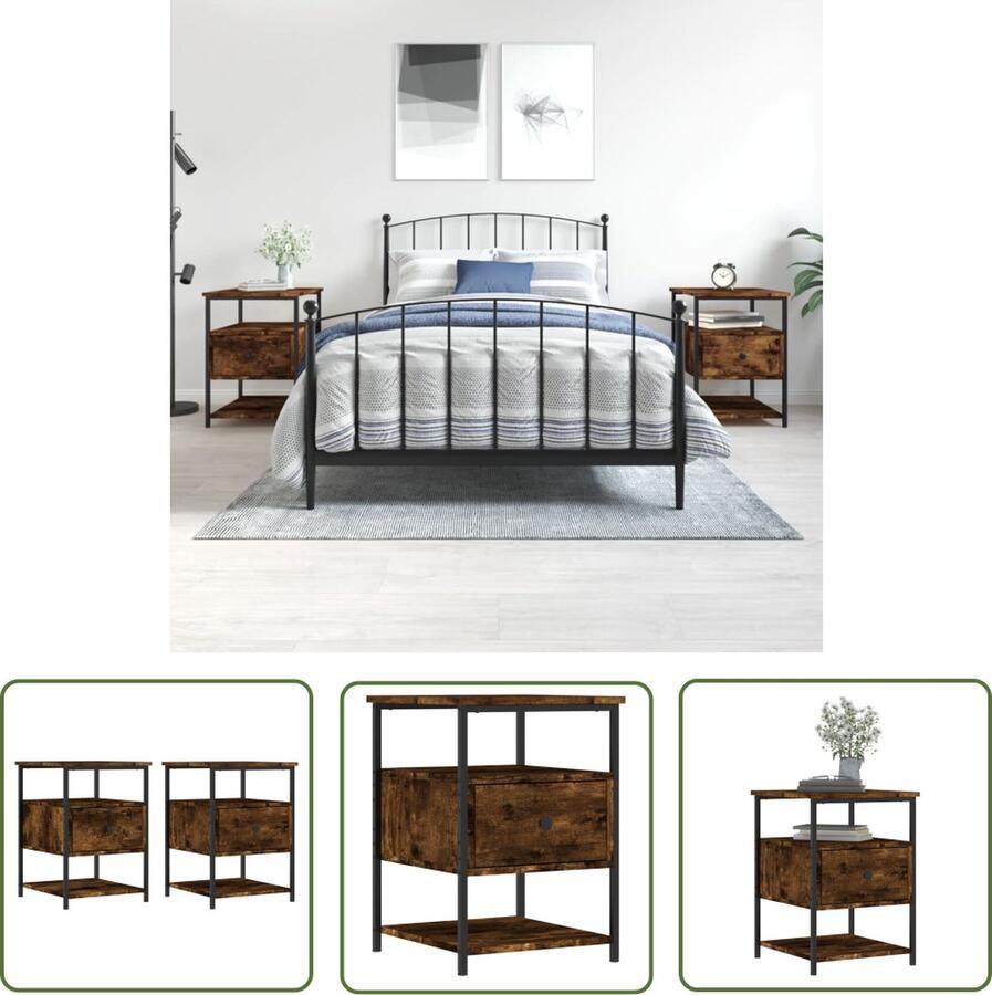 The Living Store Nachtkastjes 2 st 40x42x56 cm bewerkt hout gerookt eikenkleurig Nachtkastje Kastje Houten Nachtlamp Bruine Nachtkast Vintage Nachtkast - Foto 2