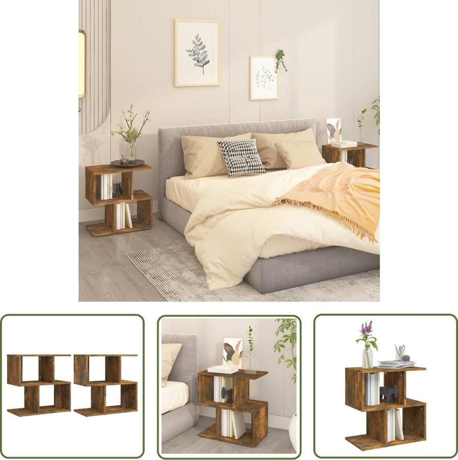 The Living Store Nachtkastje Gerookt Eiken Bewerkt Hout 50 x 30 x 51.5 cm Wandmontage 2x in set Nachtkastje Kastje Houten Kast Bruine Kast Kamermeubel - Foto 2