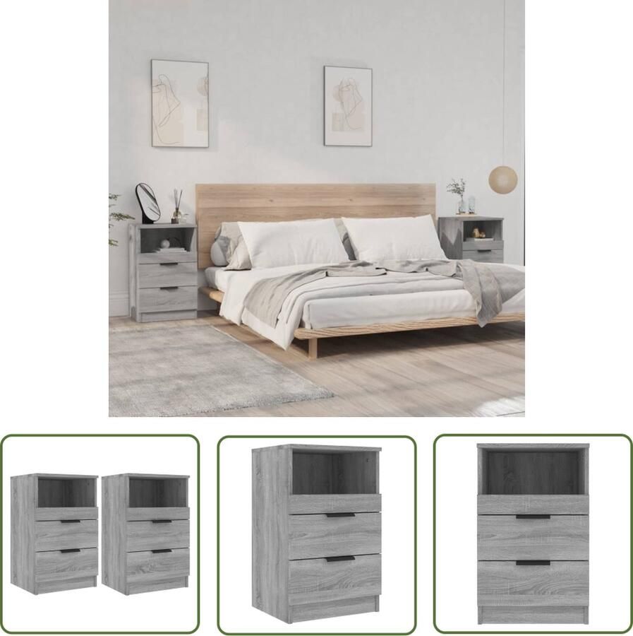 The Living Store Nachtkastjes 2 st bewerkt hout grijs sonoma eikenkleurig Nachtkastje Kastje Slaapkamersdecoratie Houten Meubel Grijze Meubels - Foto 2