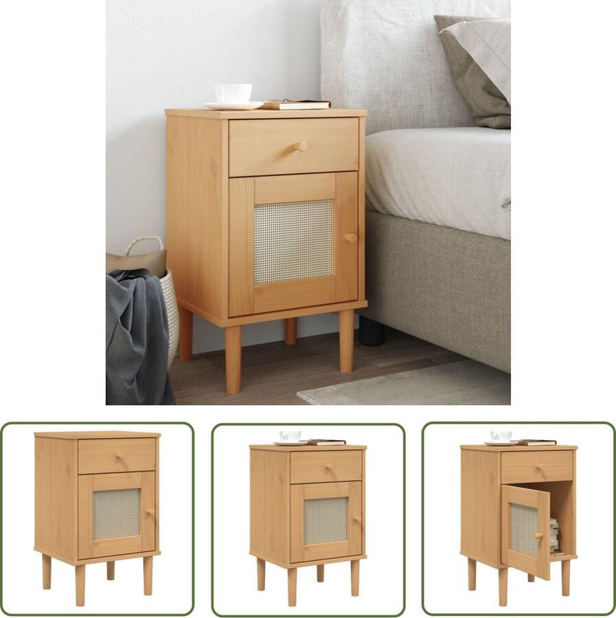 The Living Store Nachtkastje SENJA rattan-look 40x35x65 cm grenenhout bruin Nachtkastje Kastje Slaapkamerdecoratie Wooden Furniture Rattan Look