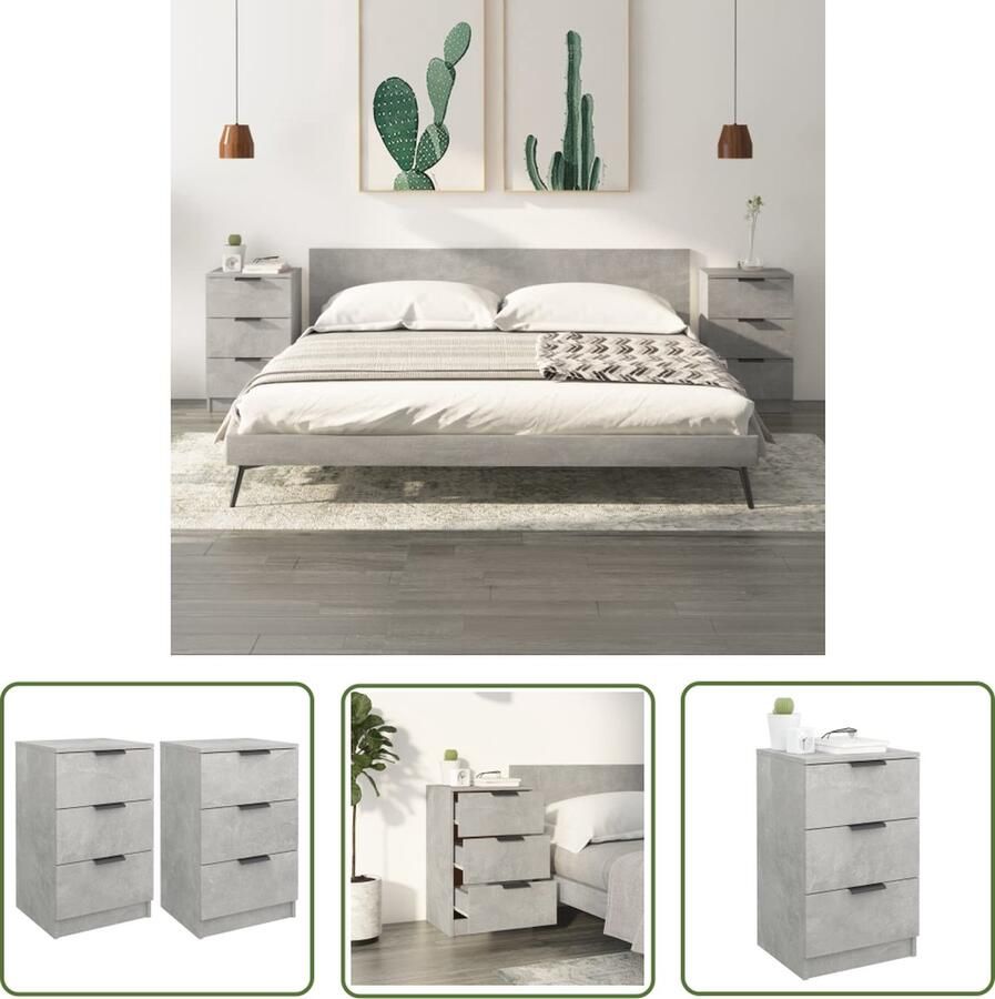 The Living Store Nachtkastjes 3-lades 40 x 36 x 65 cm Betongrijs Bewerkt hout Nachtkastjes Kastje Slaapkamermeubel Houten Meubel Grijze Kamerdecoratie - Foto 2