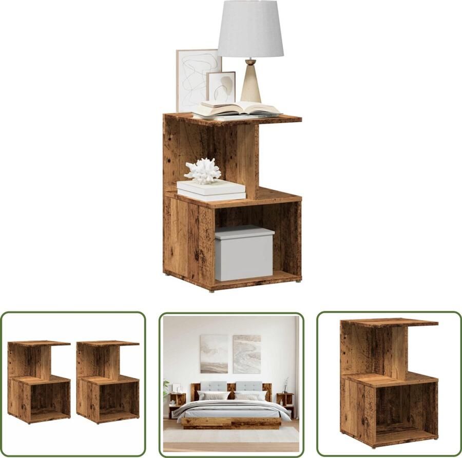 The Living Store Nachtkastjes 2 st 35x35x55 cm bewerkt hout oud houtkleurig Nachtkastjes Kastjes Slaapkamerdecoratie Houten Meubilair Vintage Meubilering