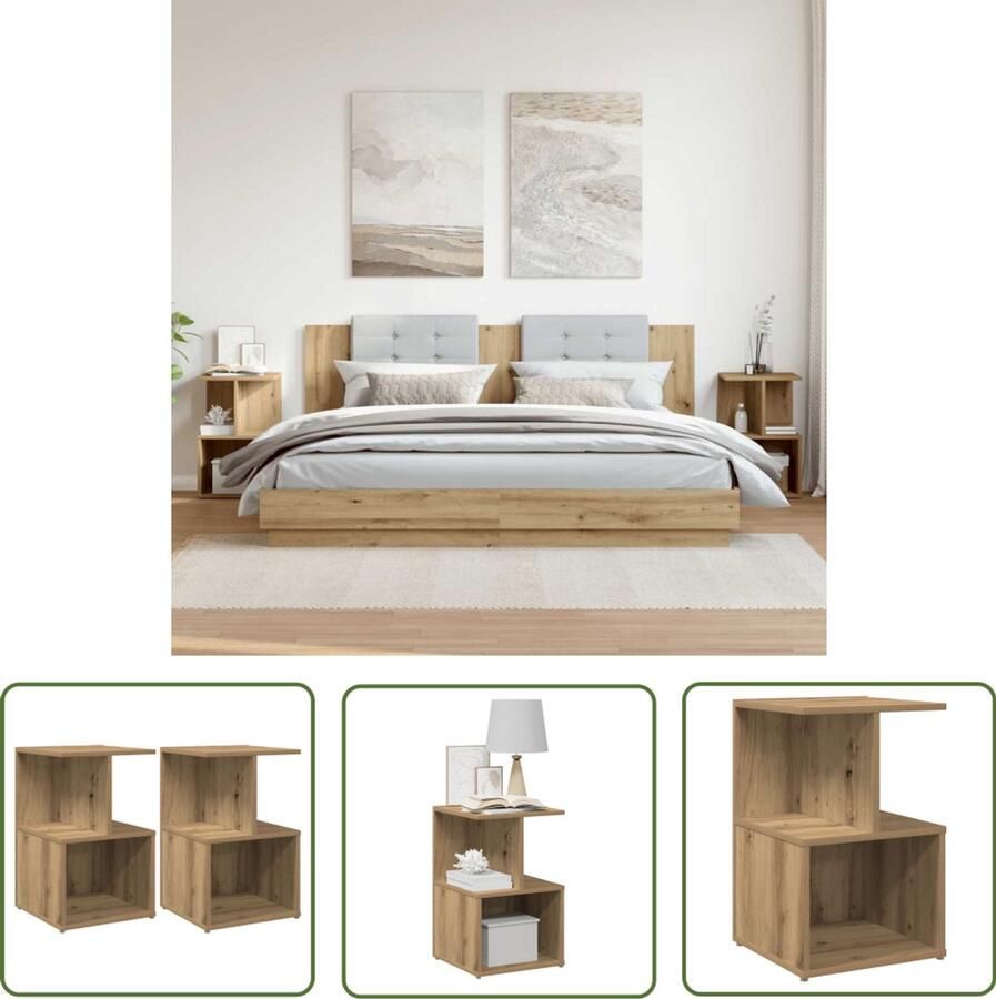 The Living Store Nachtkastjes 2 st 35x35x55cm bewerkt hout artisanaal eikenkleur Nachtkastjes Kastjes Slaapkamer Houten Meubilair Eiken Kleur