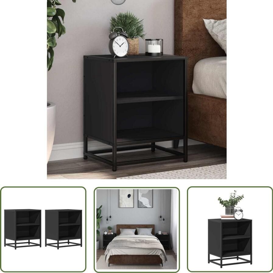 The Living Store Nachtkastjes 2 st 40x31x50 cm bewerkt hout en metaal zwart Nachtkastjes Kastjes Slaapkamerdecoratie Houten Meubilair Metalen Meubilair
